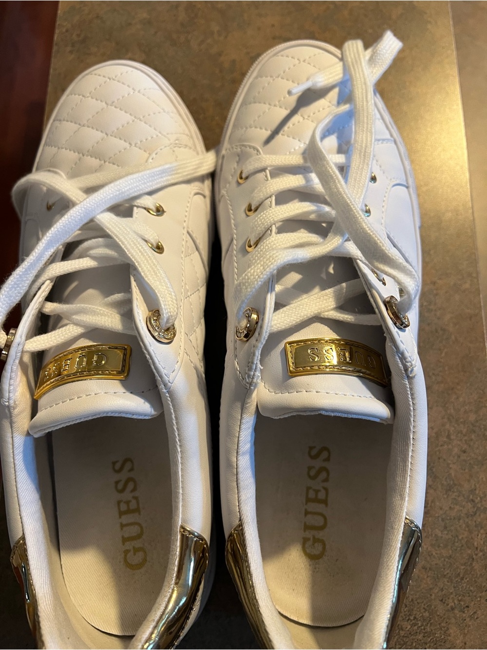 GUESS White Quilted Sneakers with Gold Hardware size 11